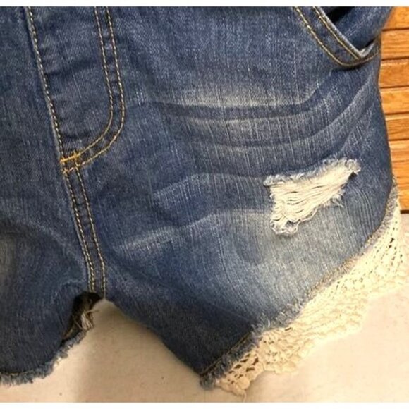 Denim Overall Shorts With Distressed Details & Lace Trim By Mistic Prysm S - Picture 3 of 8